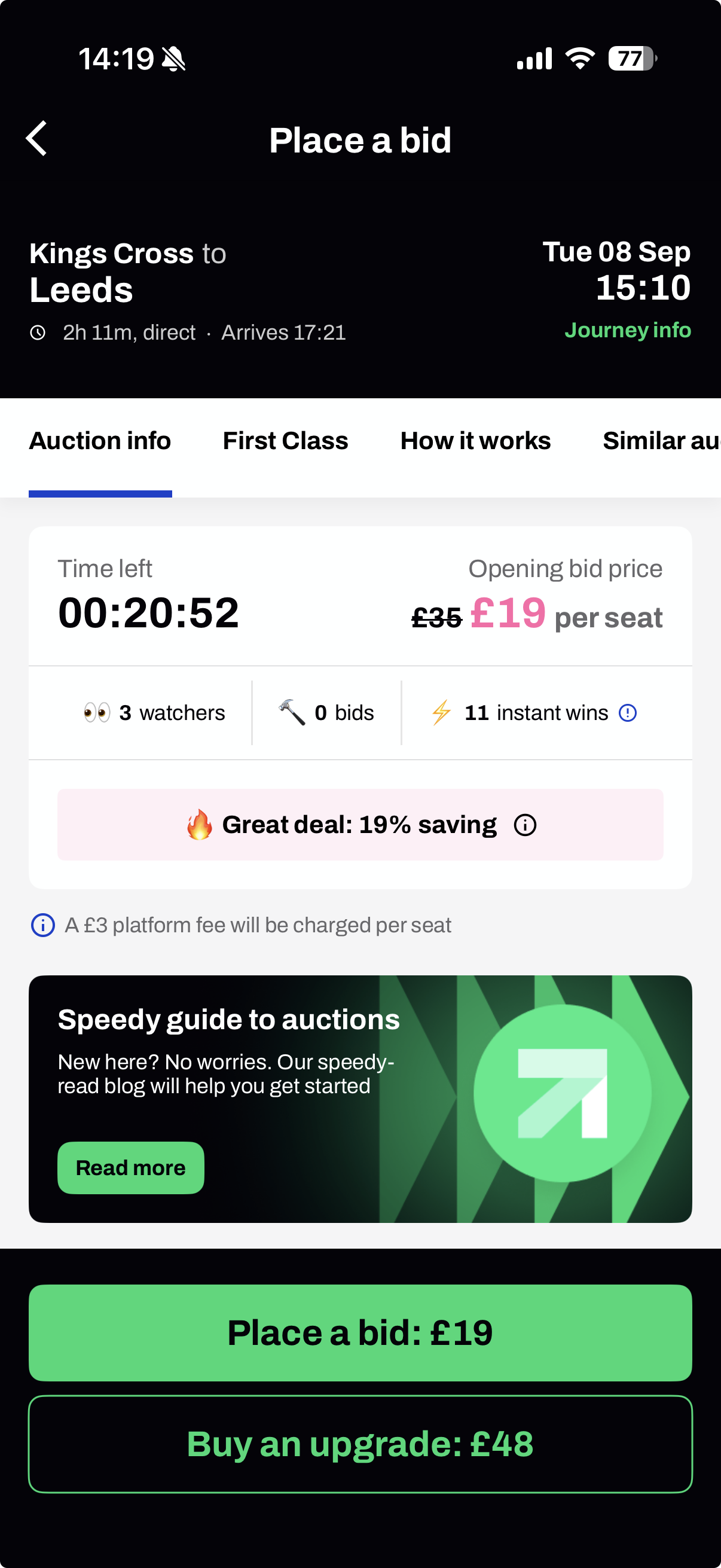 The Place a bid screen in the app today